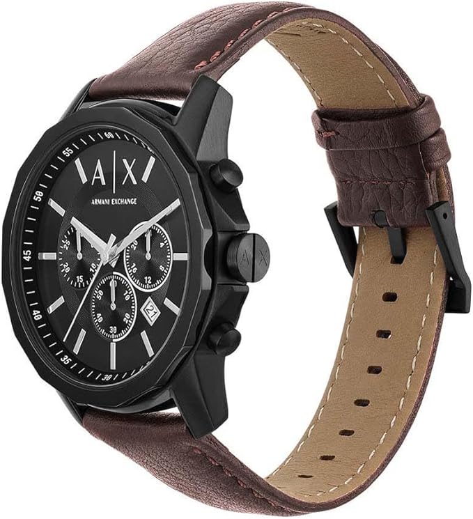 Armani Exchange Watch for Men, Quartz Movement, 44 mm Brown Stainless Steel Case with a Leather Strap, AX1732