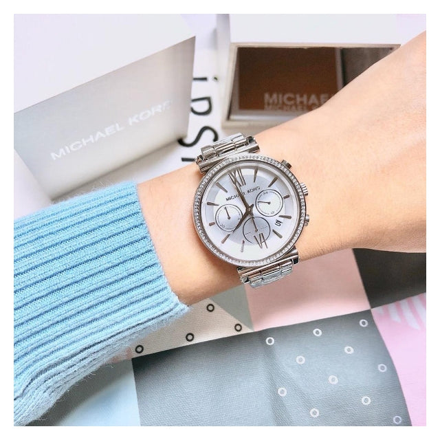 Michael Kors Sofie Chronograph Quartz Silver Dial Crystals Bezel Ladies Watch MK6575